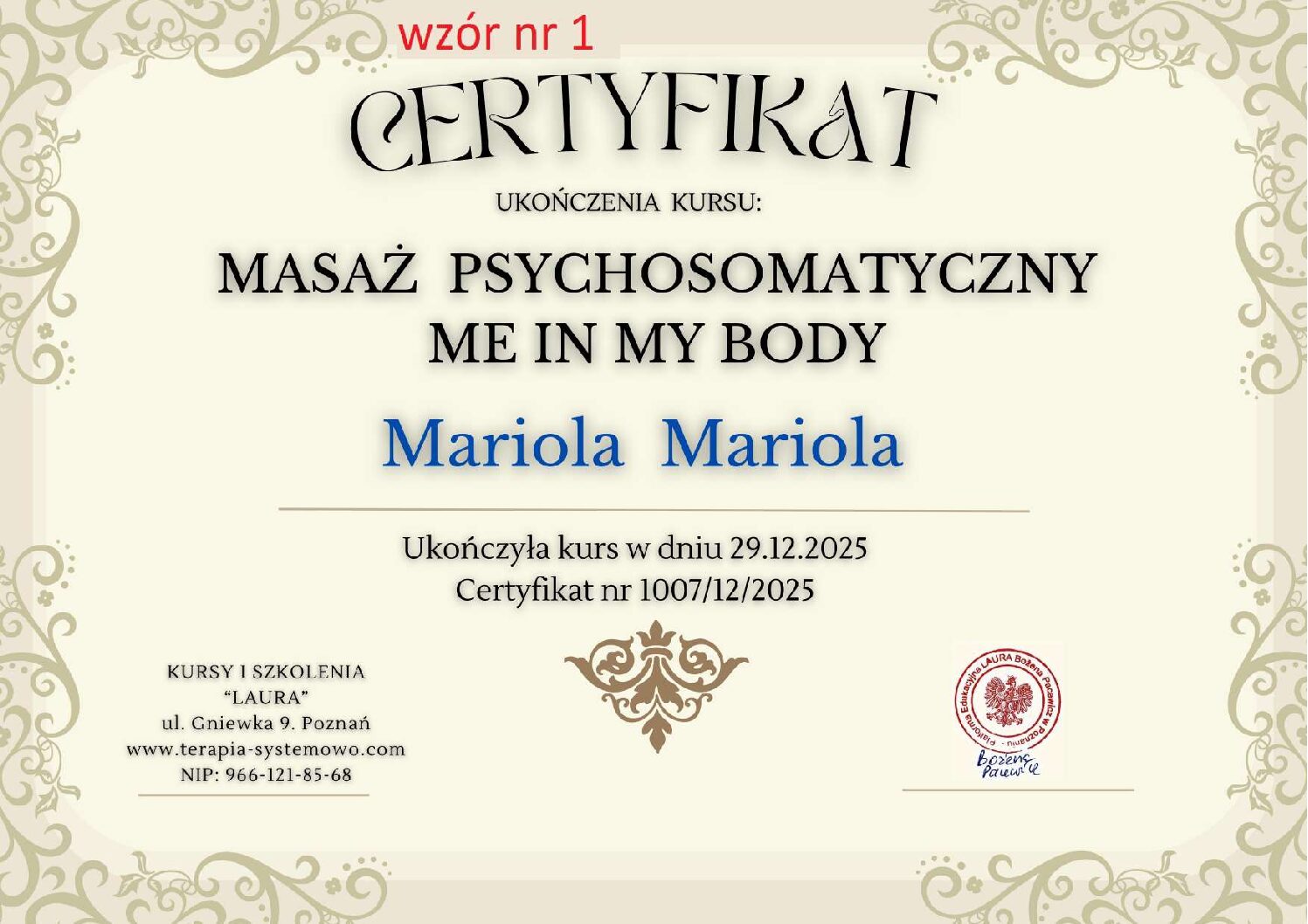 Wzory wystawianych dokumentów. Wzór certyfikatu do wyboru:)